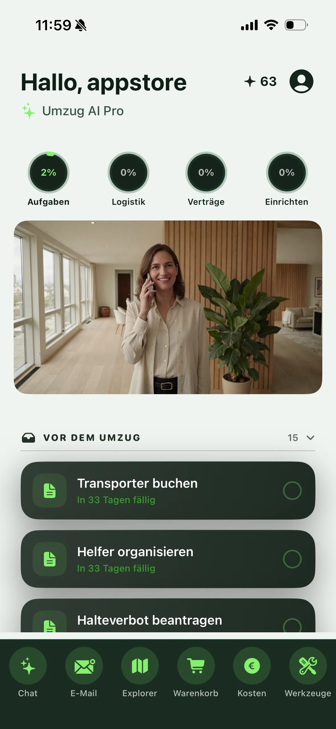 Umzug AI Aufgaben-Tab: KI-Checkliste mit Fristen