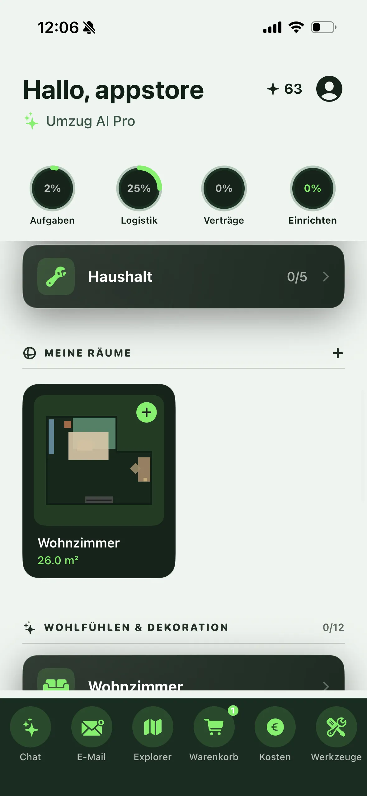 Einrichten-Übersicht mit Räumen und Dekorations-Checkliste