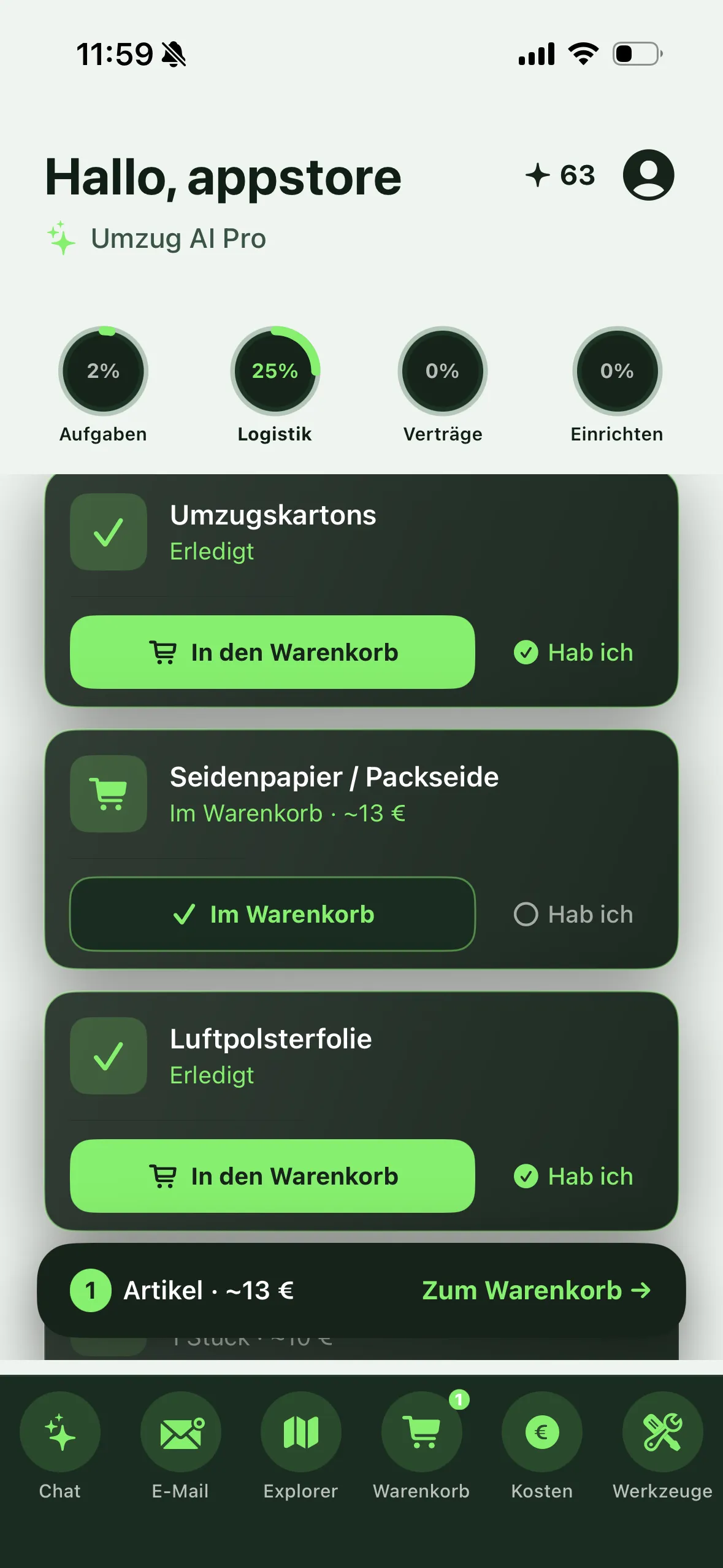 Umzug AI Logistik-Tab: Kartons, Transporter und Helfer