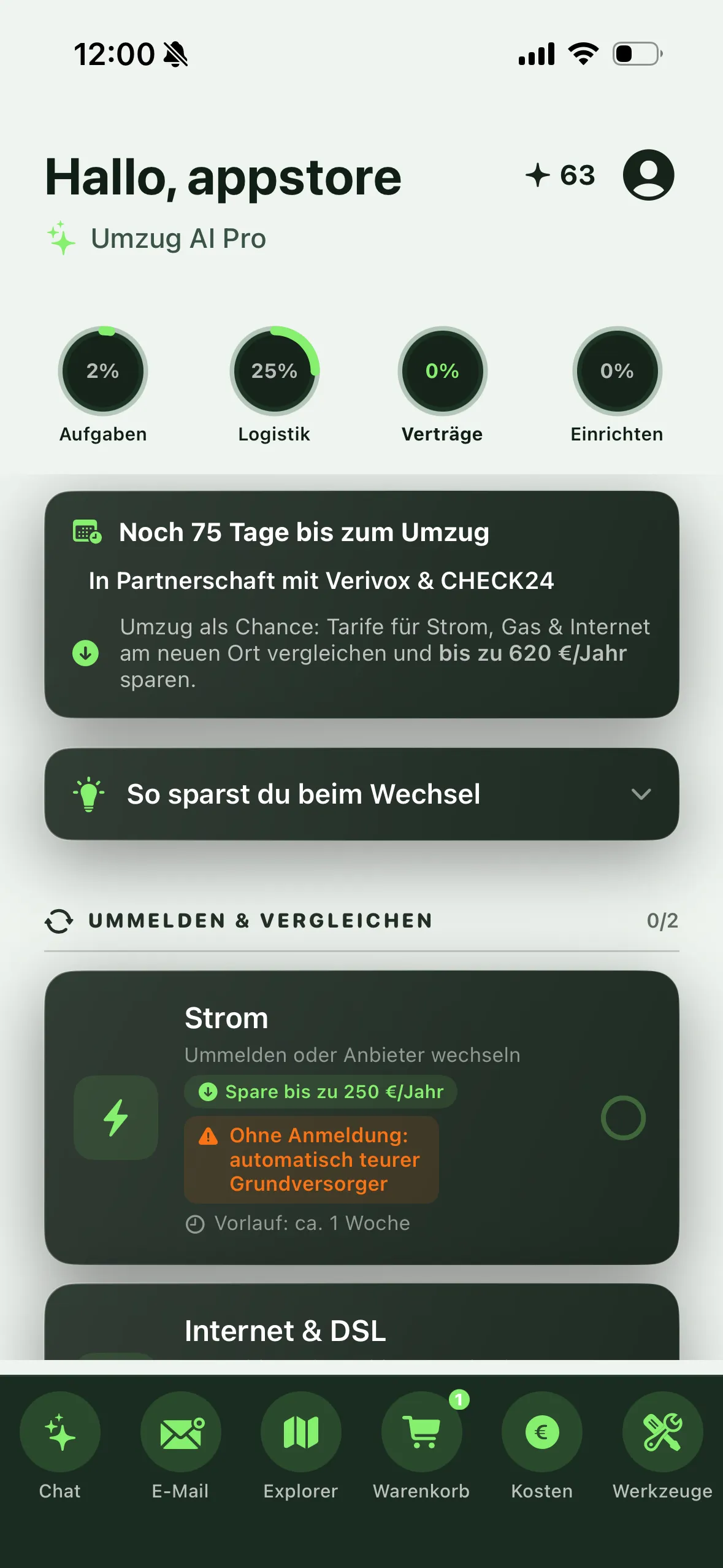 Umzug AI Verträge-Tab: Verträge kündigen und wechseln
