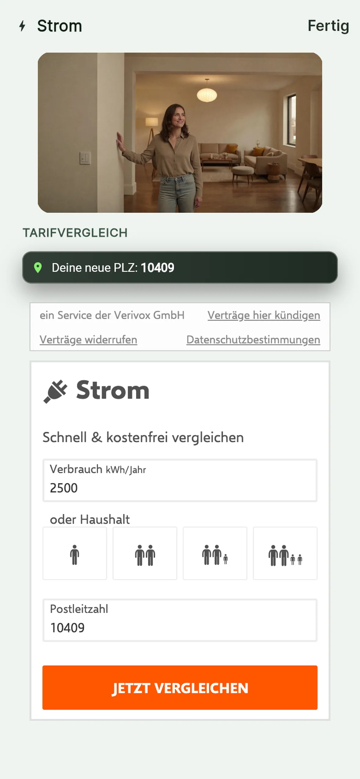 Verträge-Tab mit Verivox-Stromvergleich in Umzug AI