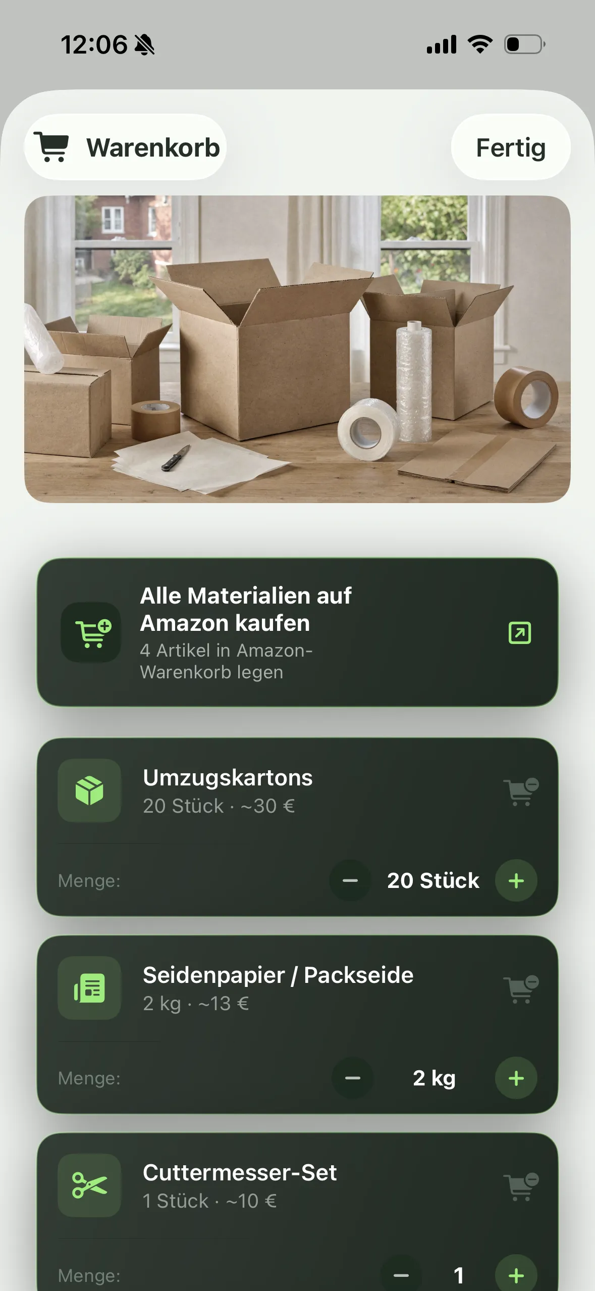 Warenkorb mit Umzugsmaterial